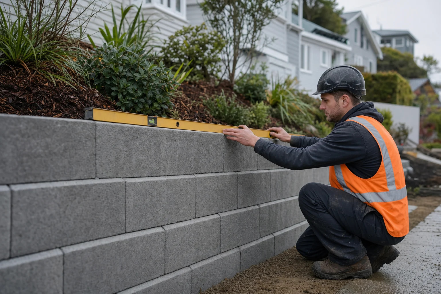 Retaining wall builder installing concrete blocks